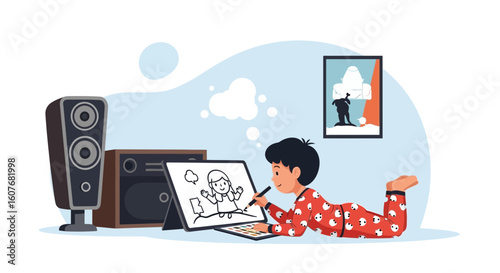 Cheerful Youngster Immersed In Digital Drawing At Home With Music And Inspiration