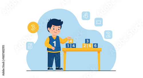 Boy Playing With Blocks Doing Math Problem Develops Cognitive Abilities