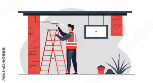 Air Conditioner Servicing Installation By Professional Technician On Ladder