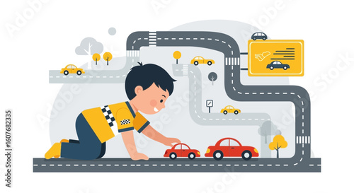 Boy Playing With Toy Cars On Road, Childhood Imagination, Vector Illustration