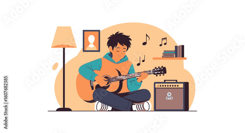 Boy Plays Acoustic Guitar At Home Enjoying Music And Hobby Time Passion