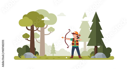 Archery Practice In The Forest With A Flat Design Style Character