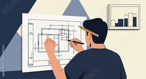 Architectural Designer Working on Blueprint Creating New House Designs Project