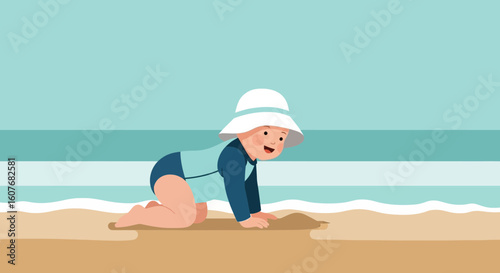 Cute Infant Exploring the Seashore Crawling on Sandy Beach During Summer Vacation