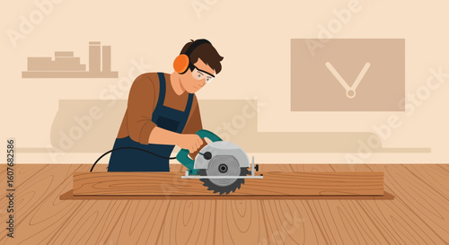 Artisan Skillfully Cutting Wood with Circular Saw in Workshop Setting Illustration