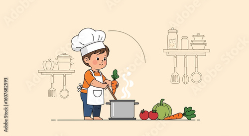 Chef Boy Prepares Fresh Vegetables In The Kitchen For Healthy Meal