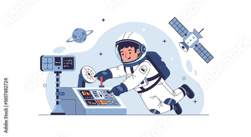 Astronaut At Mission Control Center Piloting Spaceship In Zero Gravity Vector Illustration
