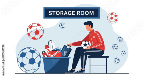 Athlete Organizing Soccer Equipment In Storage Room After Training Session