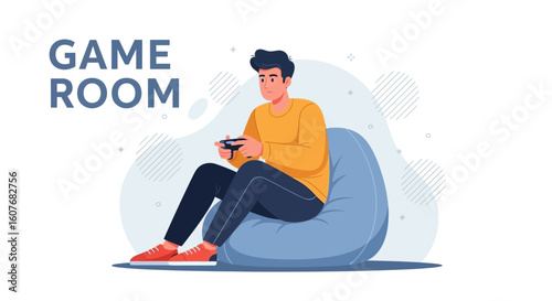 Boy Relaxing And Playing Console Games In Living Room On Bean Bag Chair