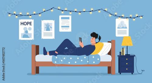 Boy Relaxing In His Room, Listening To Music And Using His Smartphone