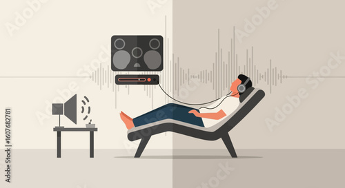 Audio Immersion Lounging Person Absorbed in Sound Waves Visual Representation