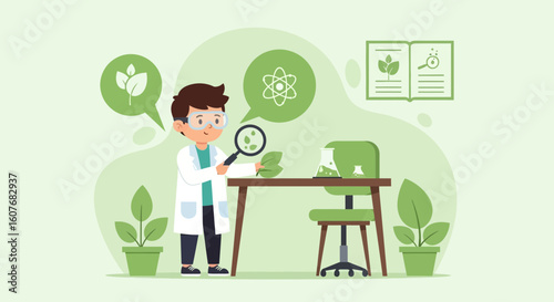 Boy Scientist Exploring Green Leaf With Magnifying Glass In Laboratory Scene