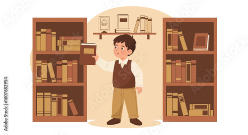 Boy Selects a Book From Shelves in Library Setting for Education Concept