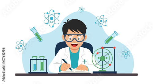 Boy Scientist Working In Lab Write In Notebook Science Education Concept