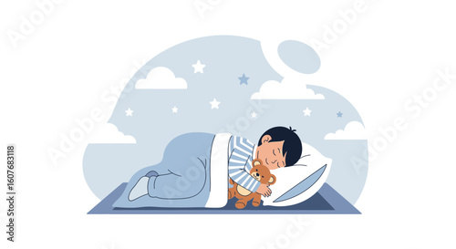 Boy Sleeping Peacefully With His Teddy Bear Under a Blanket Surrounded By Stars