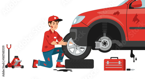 Automotive Maintenance Cartoon Repairman Adjusting Tire With Auto Jack And Tools