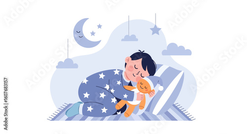 Boy Sleeping Peacefully With Teddy Bear Dreamland Sweet Bedtime Story Illustration