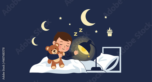 Boy Sleeping Peacefully With Teddy Bear Under Moonlight And Starry Night Sky