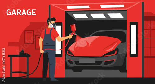 Automotive Refinishing Technician Spray Painting Vehicle in Garage