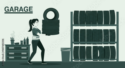 Automotive Technician Carrying Tires In A Repair Garage For Vehicle Maintenance