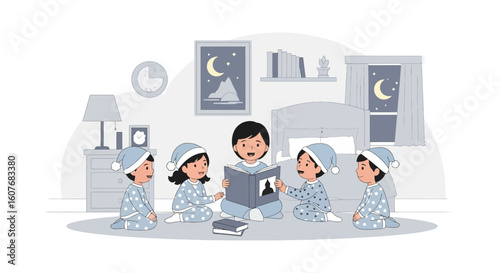Children Enjoy Bedtime Story In The Bedroom At Night In Cartoon Style