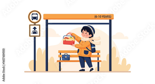 Boy With Lunchbox Waiting For The School Bus At The Station
