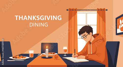 Boy Writes Thankful List At The Thanksgiving Table With Dinner And Drinks