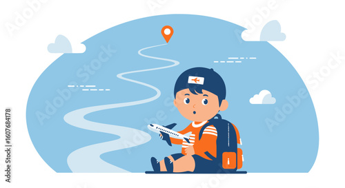 Boy's Dream Journey With Plane Adventure Path Marked Towards Destination