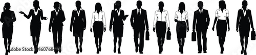 Cad drawing flat vector illustration, business team silhouettes, professional attire, workplace diversity, corporate people poses, formal style, standing group