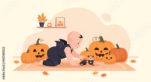 Baby's First Halloween Crawl Adorable Celebration With Pumpkins And Costumed Fun