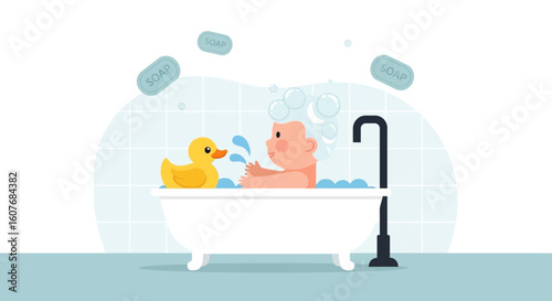 Baby's Splish Splash: Joyful Bath Time With Rubber Duck And Floating Soaps
