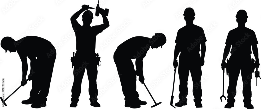 Obraz premium Cad drawing flat vector illustration of construction worker silhouettes holding tools like hammer, drill and wrench in black style