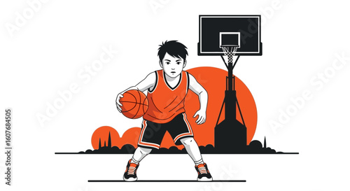 Basketball Player Dribbling With Silhouette Backboard At Sunset Illustration