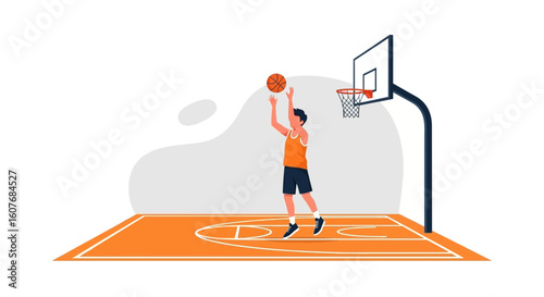 Basketball Player Shooting Ball at Hoop in Court Indoor Training Session