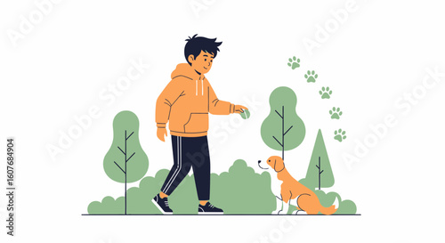 Boy And Dog In Park Spending Time Together Outdoor Leisure Lifestyle