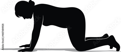 Crawling human silhouette on hands and knees vector illustration, low posture action pose for movement icon, fitness or anatomy concept