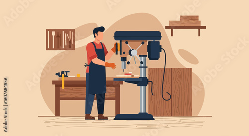 Carpenter Using Drill Press In Woodworking Workshop For Professional Projects