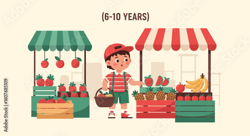 Boy At The Marketplace Buying Healthy Fruits And Enjoying Colorful Stalls