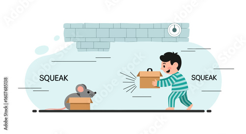 Cartoon Boy Chasing Mouse With Box In Old Home Setting Vector Illustration