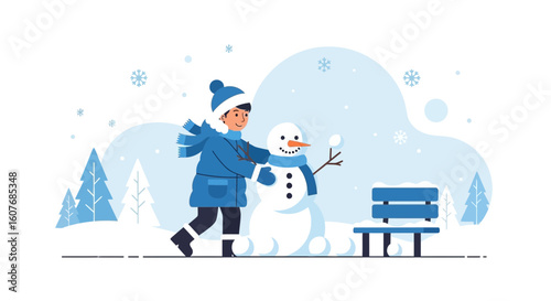 Boy Building A Snowman In Winter Scenery Near The Snowy Park Bench