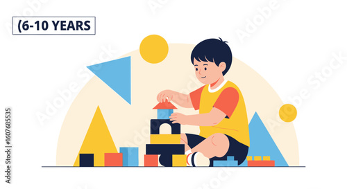Boy Builds a Tower with Geometric Blocks During Playtime at Home