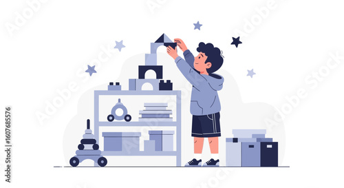 Boy Builds Tower with Building Blocks in His Playroom Filled with Toys