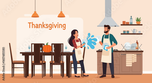Couple Washing Dishes After Thanksgiving Dinner At Home With Happy Faces