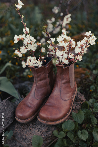 Brown Chelsea Boots with White Flowering Branches