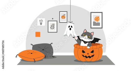 Cartoon Halloween Cat Sitting Inside Pumpkin With Ghost Decoration At Home