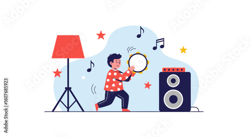 Cartoon Illustration Of A Boy Playing The Tambourine In A Musical Setting