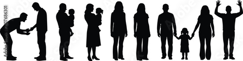 Cad drawing flat vector illustration, human silhouettes, family evolution stages, parenting gestures, life cycle, expressive poses, bonding, emotional connection