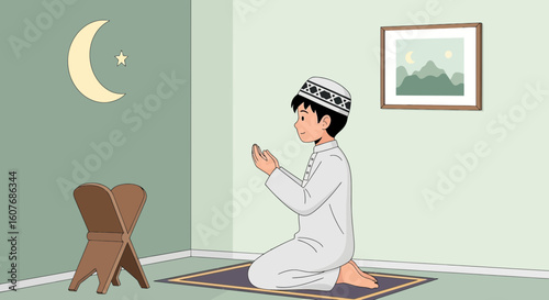 Cartoon Illustration Of Young Muslim Boy Praying In A Room With Islamic Decor