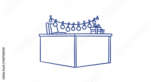holiday decoration on cubicle. Simple illustration of a festive desk with lights and presents  