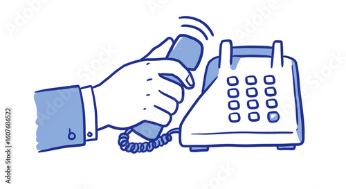 hand answering ringing desk phone. Hand holding a telephone receiver to make a call  